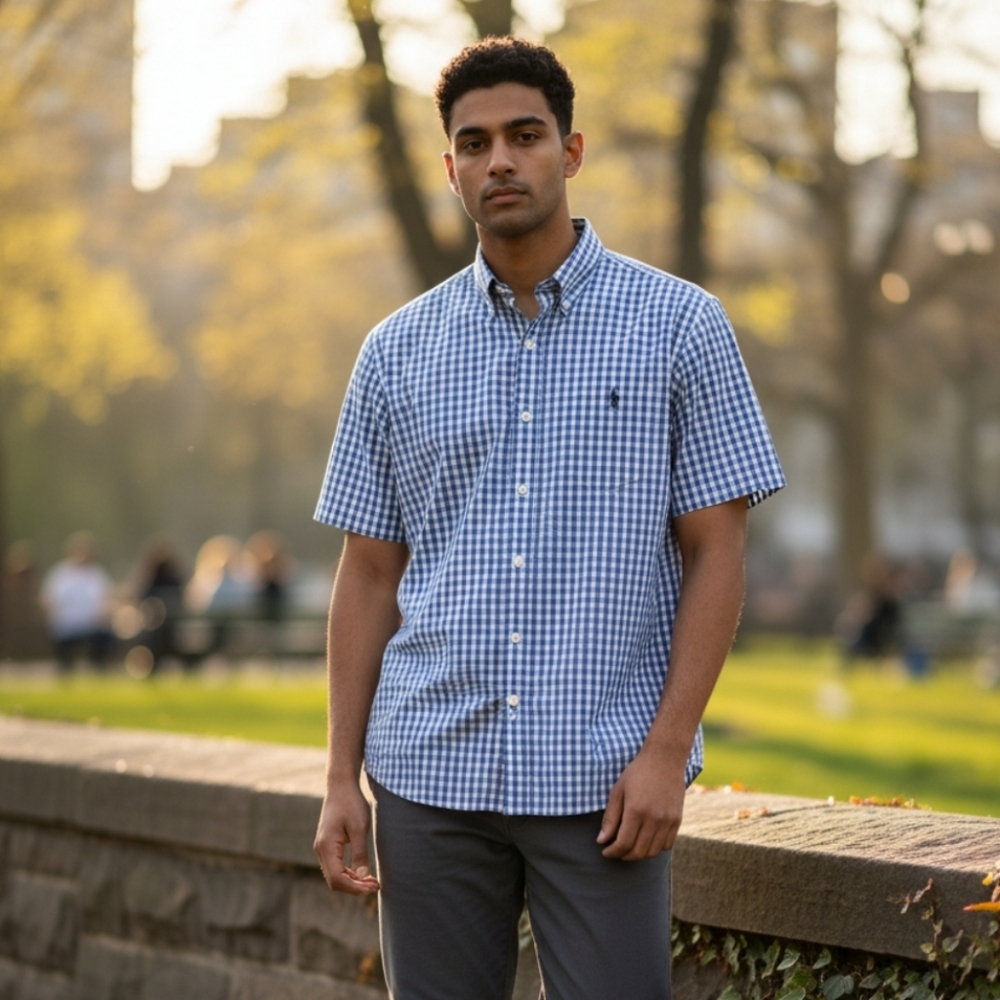 Ralph Lauren Men's Blue and White Gingham Shirt Short Sleeve Shirt Size-XL